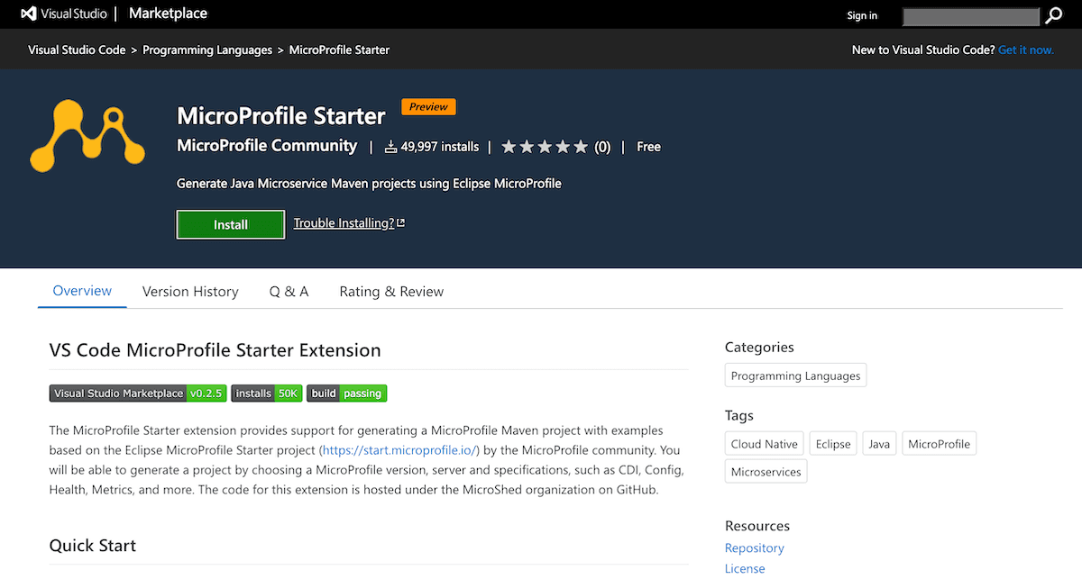 MicroProfile Starter on VS Marketplace