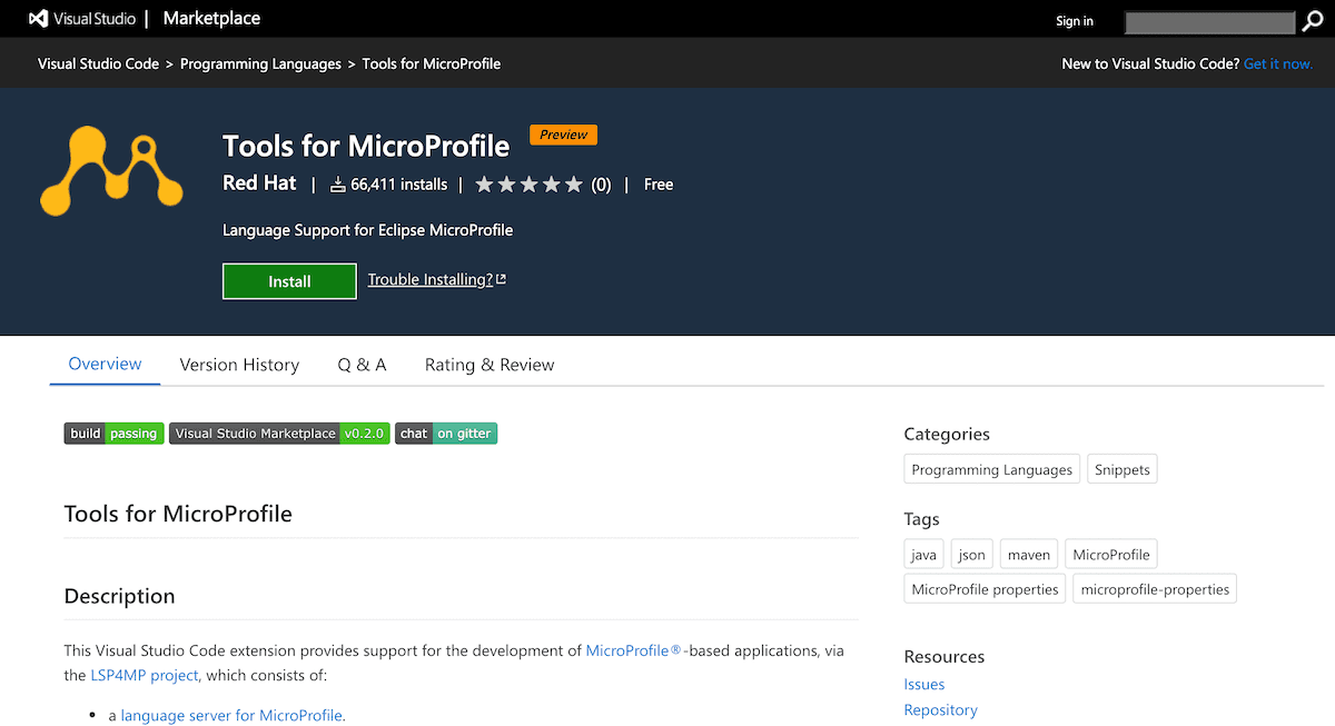 Tools for MicroProfile on VS Marketplace