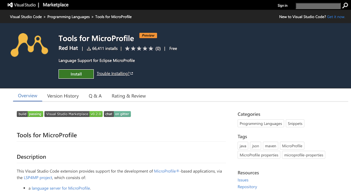 Tools for MicroProfile on VS Marketplace